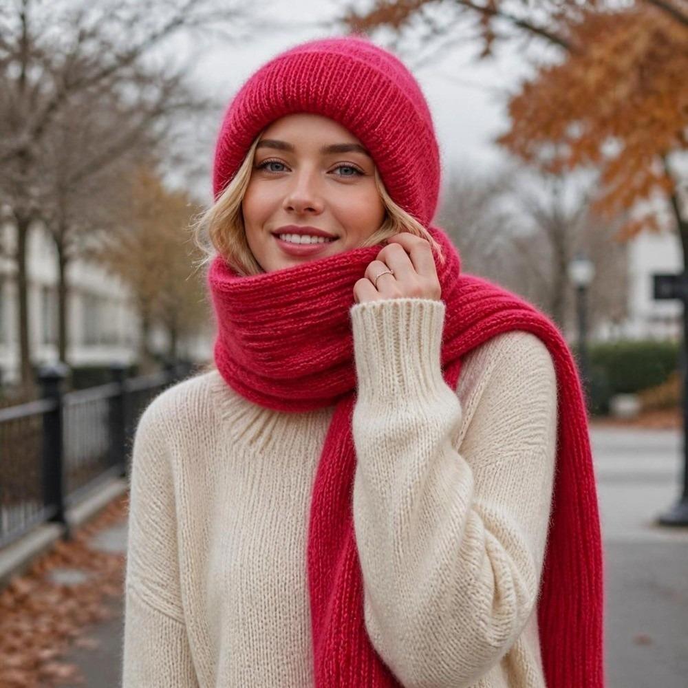 Solid Color Knit Beanie Scarf Soft Stretch Knit Beanie With Scarf  Street Style