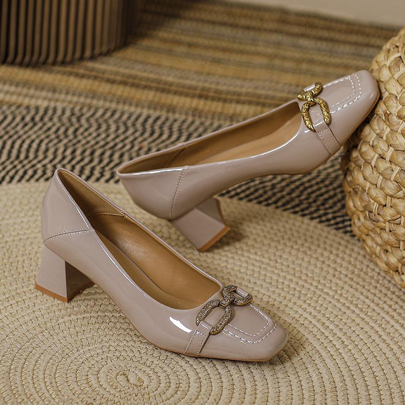 Thick heel high heels women's 2025 new spring and autumn mid-heel women's shoes patent leather red light mouth French square head single shoes women