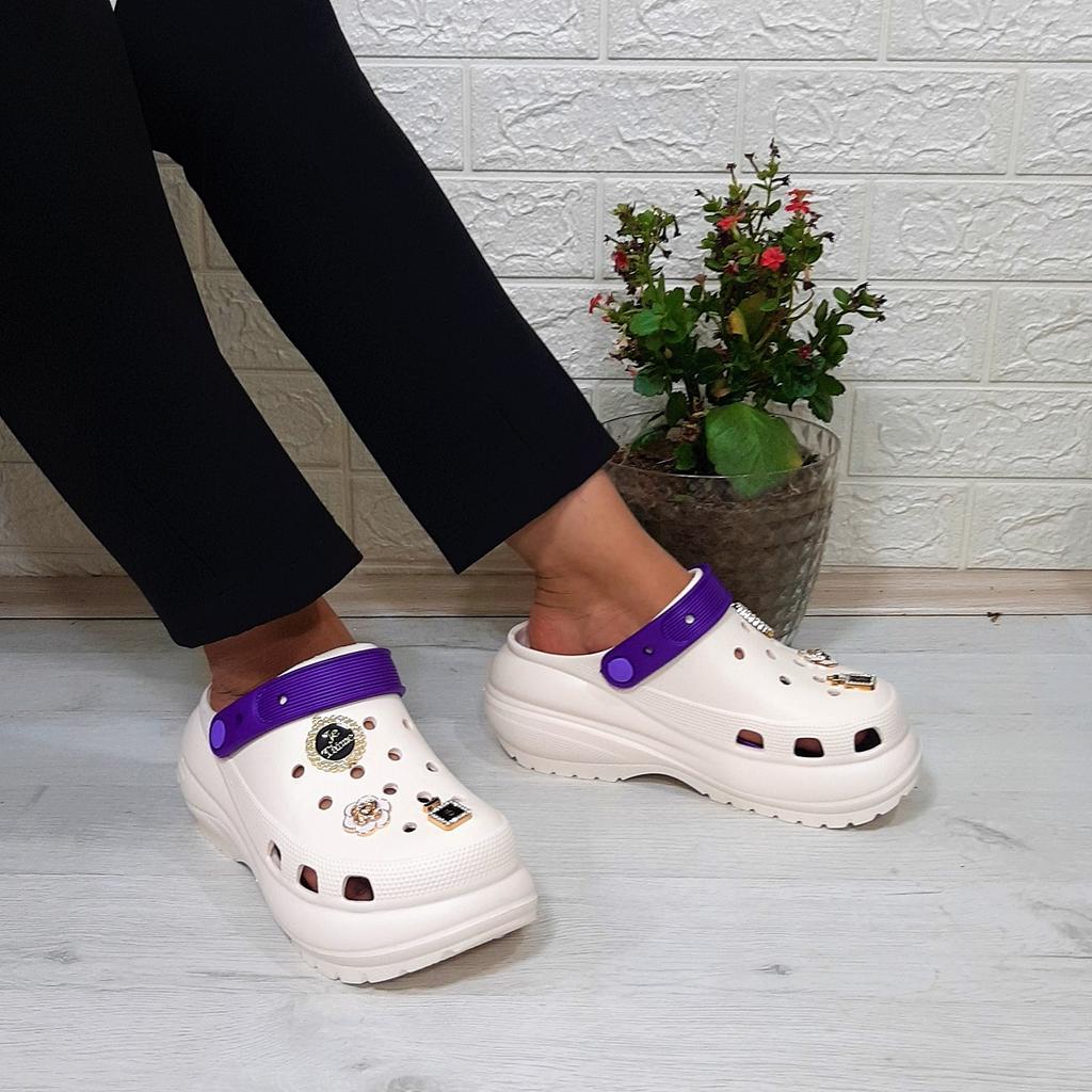 Sonimix 16001 Krémově bílé - Fialové Pantofle s tlustou podrážkou Stone Crks pro ženy