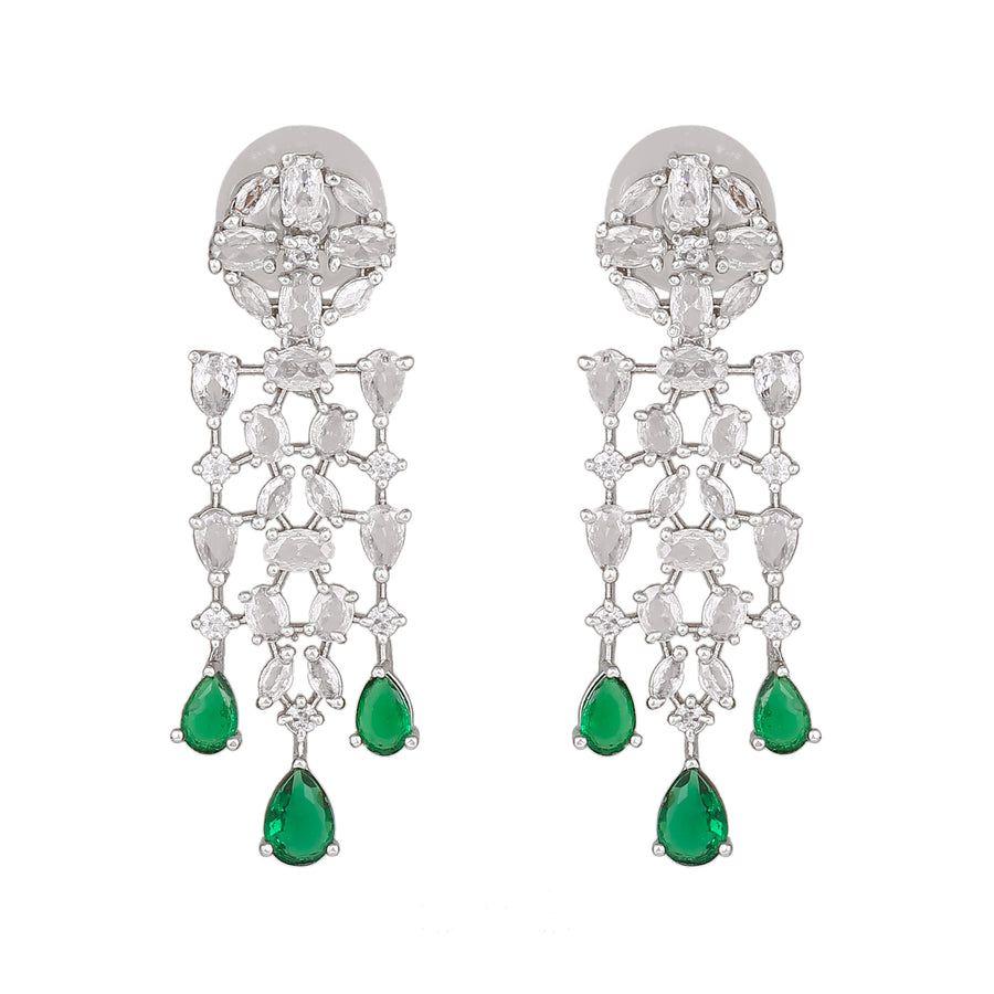 Estele Designer Rhodium Plated Earrings with Shimmering CZ and Green Stones for Women