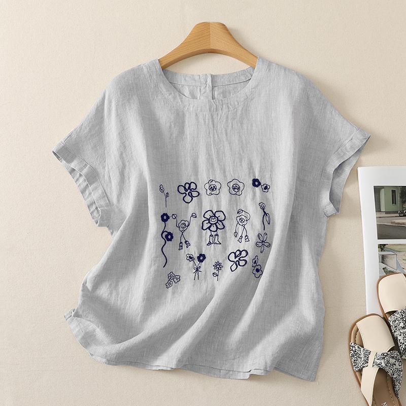DIMANAF 2026 Lato Damska Duży Rozmiar Nowa Bluzka Koszula Haft Vintage Krótki Rękaw Bawełna Codzienna Luźna Damskie Bluzki T-shirty