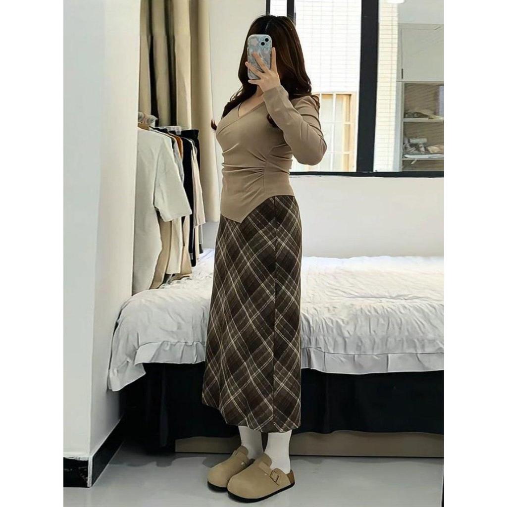 Großformatiger Retro-Karorock in A-Linie - Koreanischer Stil, Hoher Bund, Wollig, Schlankmachend, Stilvoll, Altersreduzierend für Damen im Frühling/Herbst