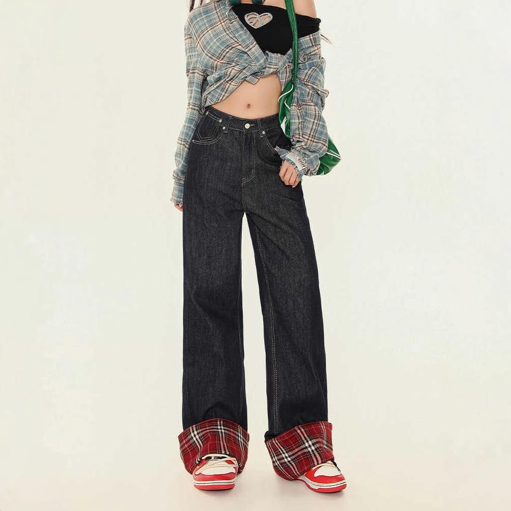 Women's Plus Size High-Waist Dark Blue Plaid Patchwork Wide-Leg Jeans - Autumn Collection