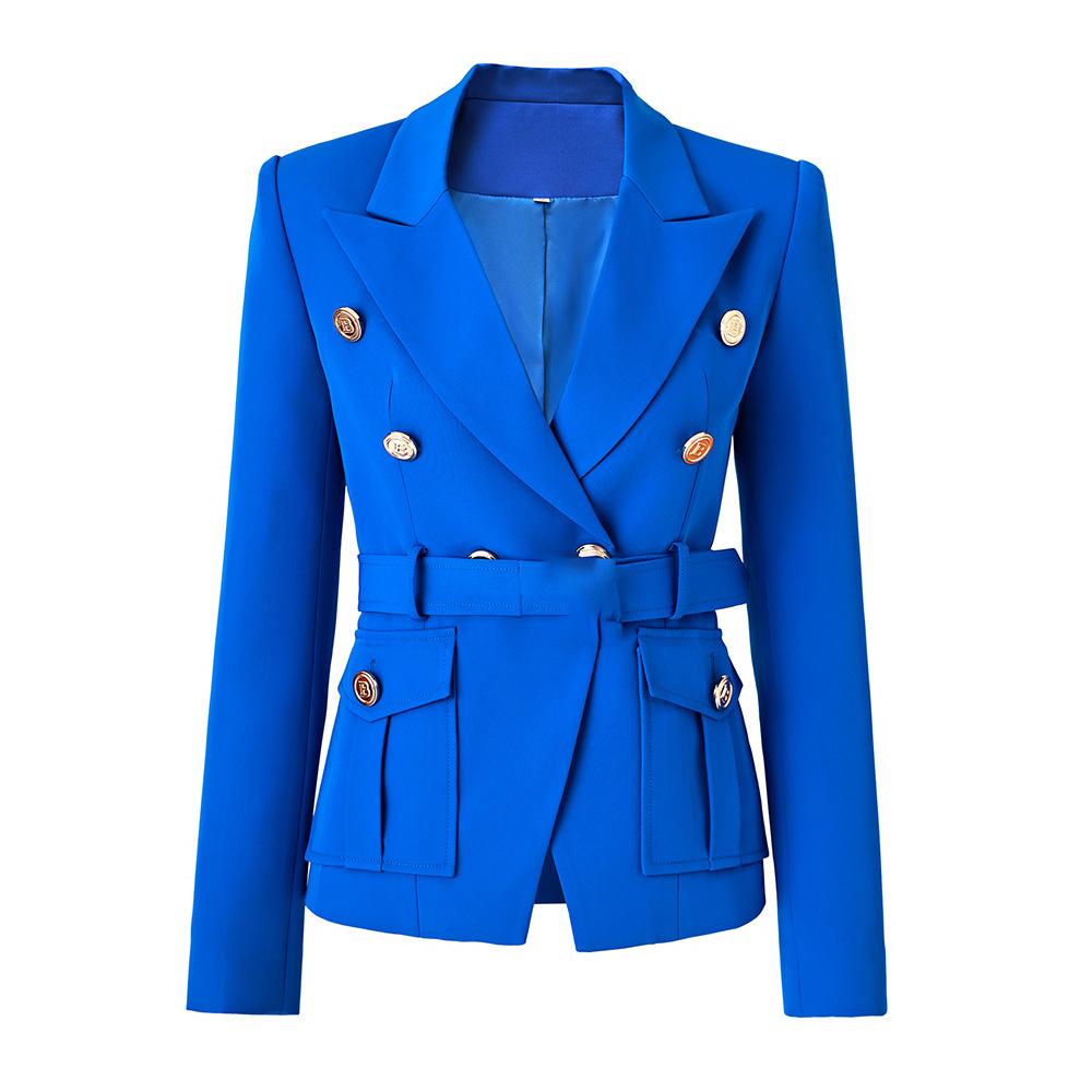 Blazer da Ufficio Stile Classico Bianco Nero da Donna con Tasche e Cintura