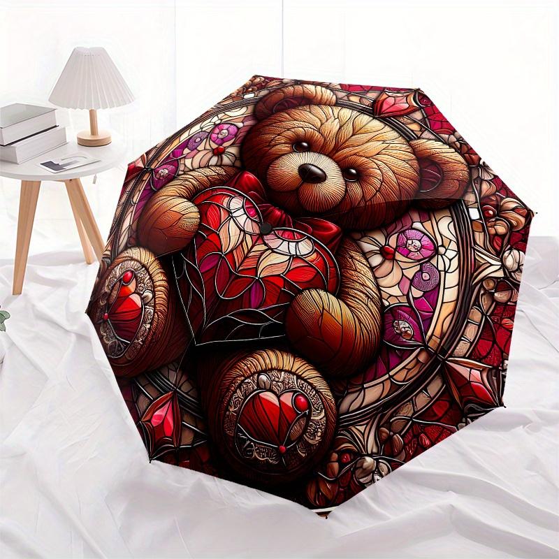 Stained Teddy Bear Wall Art DecorUmbrella, Portable 3-Fold Compact Umbrella for Men & Women Gift