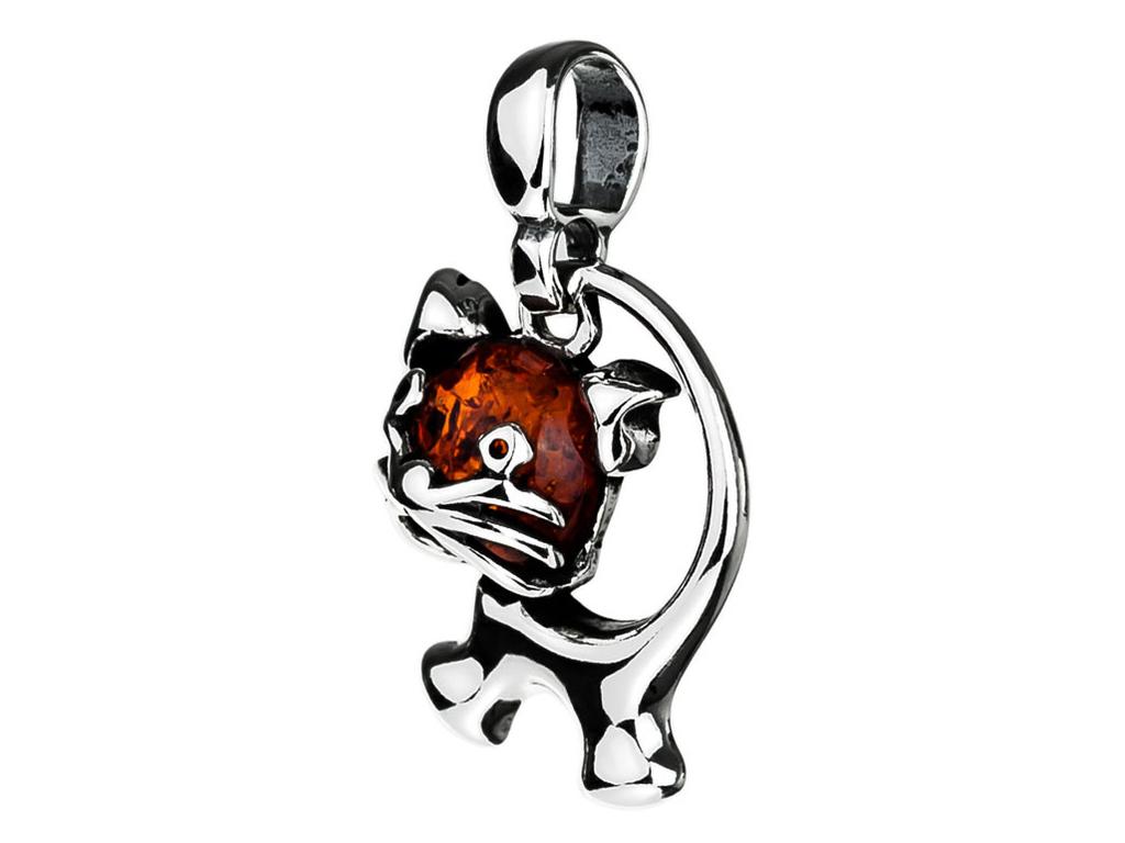 Silver Cat Pendant with Oxidized Amber Women' Cat Pendant