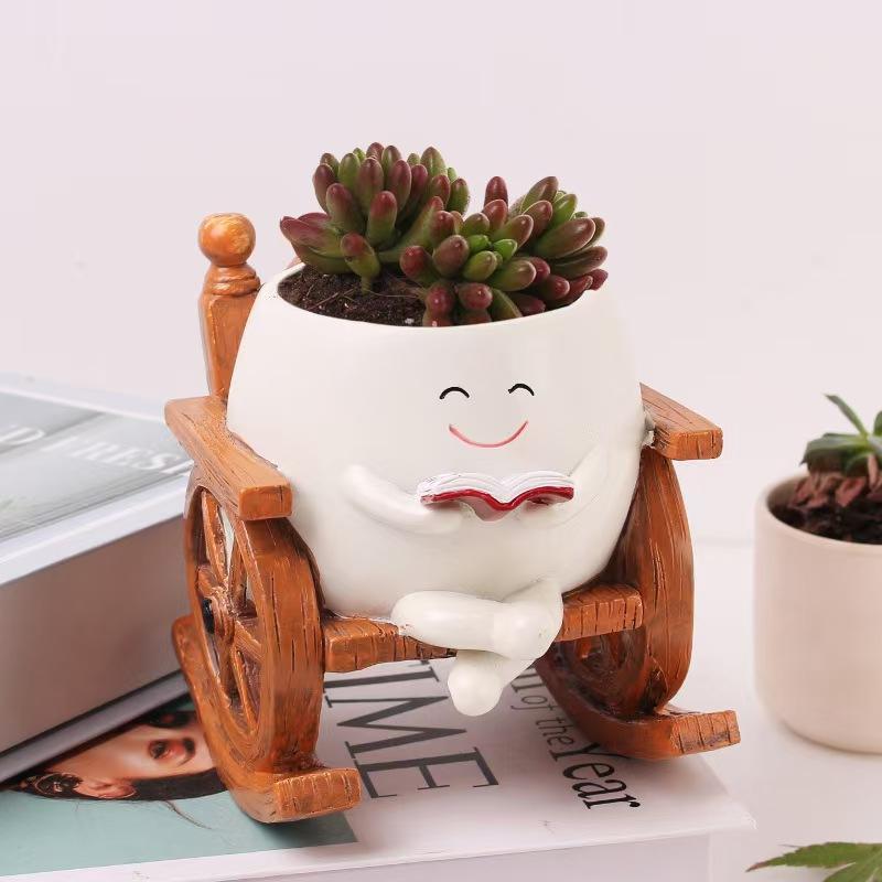 Smile Face Flower Pot Resin Rocking Chair Reading Planter Pot Smiling Succulent Flowerpots Indoor Outdoor Homes Garden Ornaments