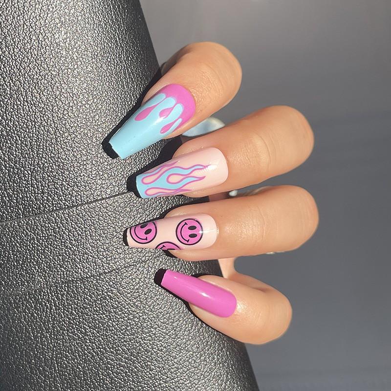 Medium-Long Ballet Style Press-On Nails With Purple Smiley Flame Design Sweet Aesthetic Nail Tips