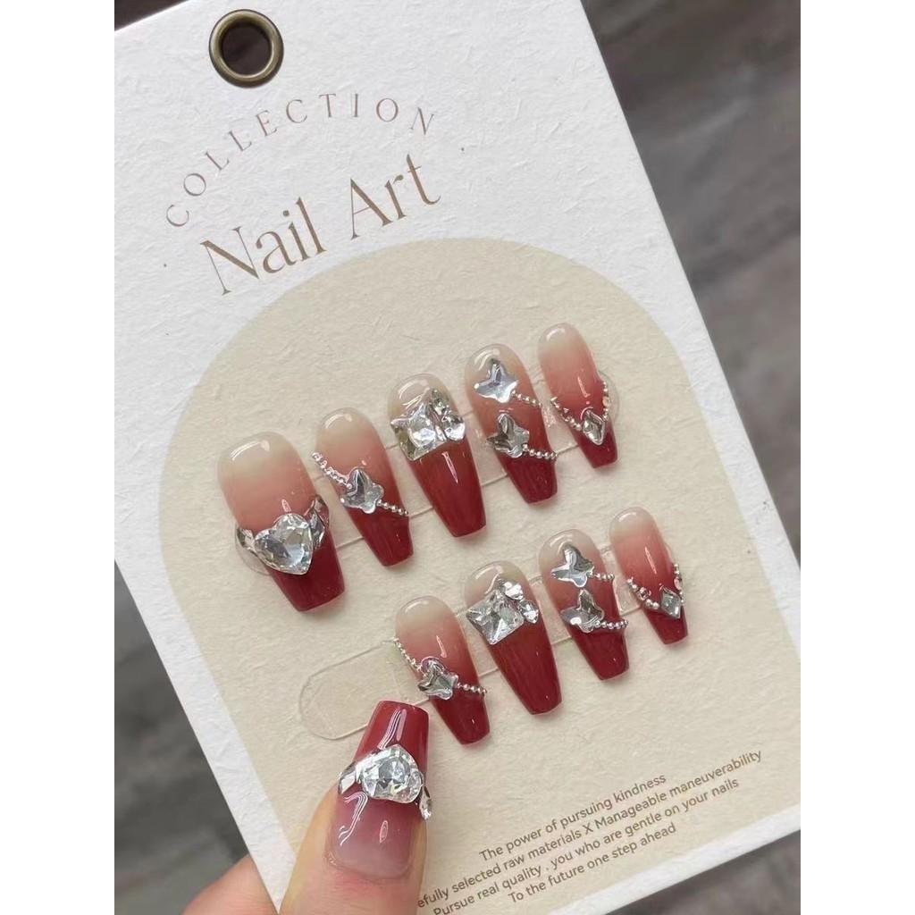100 % HANDGEMACHTES Set mit künstlichen Nägeln, mit Kleber, französische Farbverlaufskette, gebrochener Diamant, einfache Nägel, wiederverwendbare und abnehmbare Nägel