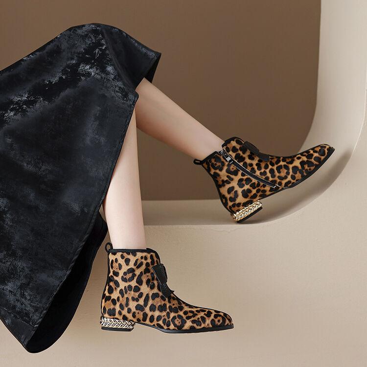 Fashion NEW Autumn/Winter Women Boots Square Toe Chunky Heel Shoes Horsehair Shoes Women Zip Ankle Boots Bow-knot Leopard Modern Boots