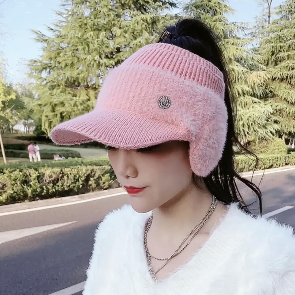 

Женская вязаная бейсболка Duckbill - весна, осень, зима, теплая шапка с ажурным верхом в корейском стиле empty top hat розовый