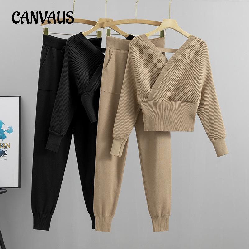 Jarní a podzimní dámský pletený kostýmek s výstřihem do V Sexy bez ramínek Krátký temperamentní svetr Kalhoty Módní kostým