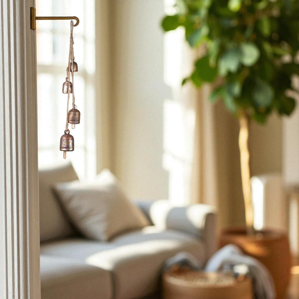 Handmade Rustic Gold Wind Chimes for Outside Garden, 4 Indian Bells with Jute Rope for Patio Decor and Meditation Spaces