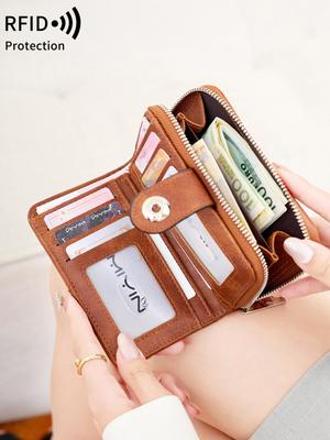 Nuovo Portafoglio da Donna Retro a Tre Ante RFID Portafoglio Corto Moda Grande Capacità Fibbia Cerniera Porta Monete da Donna Porta Carte