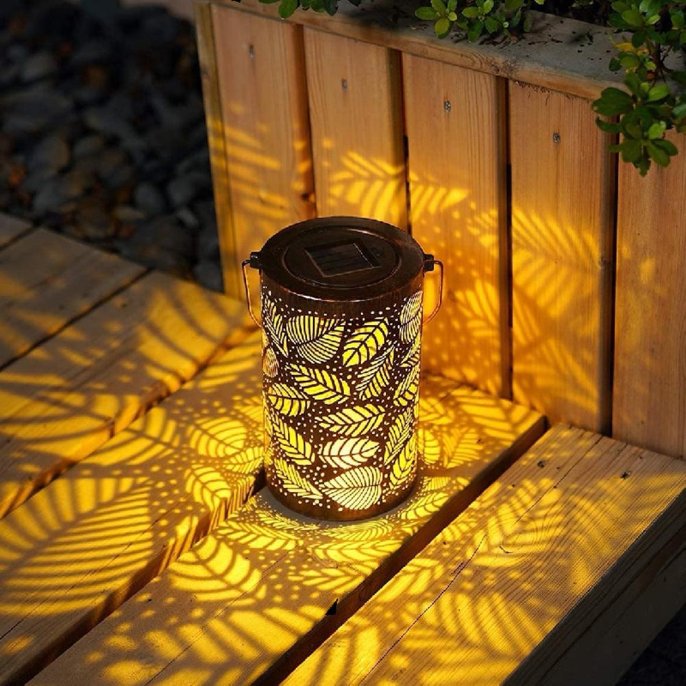 Flower/Leaves Outdoor LED Lights Waterproof Hollowed-Out Metal Decor Lantern Hanging Solar Lights for Patio Yard Pathway Decor