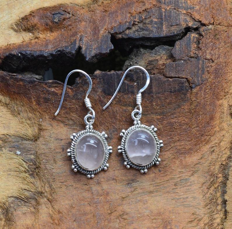 Solid 925 Sterling Silver Rose Quartz Gemstone Bezel Earring, Gift For Her Unique Gifts Dangle Earrings