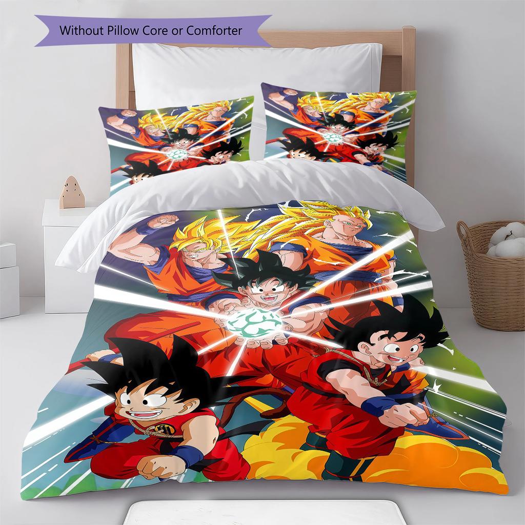 Son Goku Pattern Bedding,Quilt Set Quilt Cover Pillowcase Home Birthday Gift (1 * Duvet Cover + 2 * Pillowcase, Without Core)