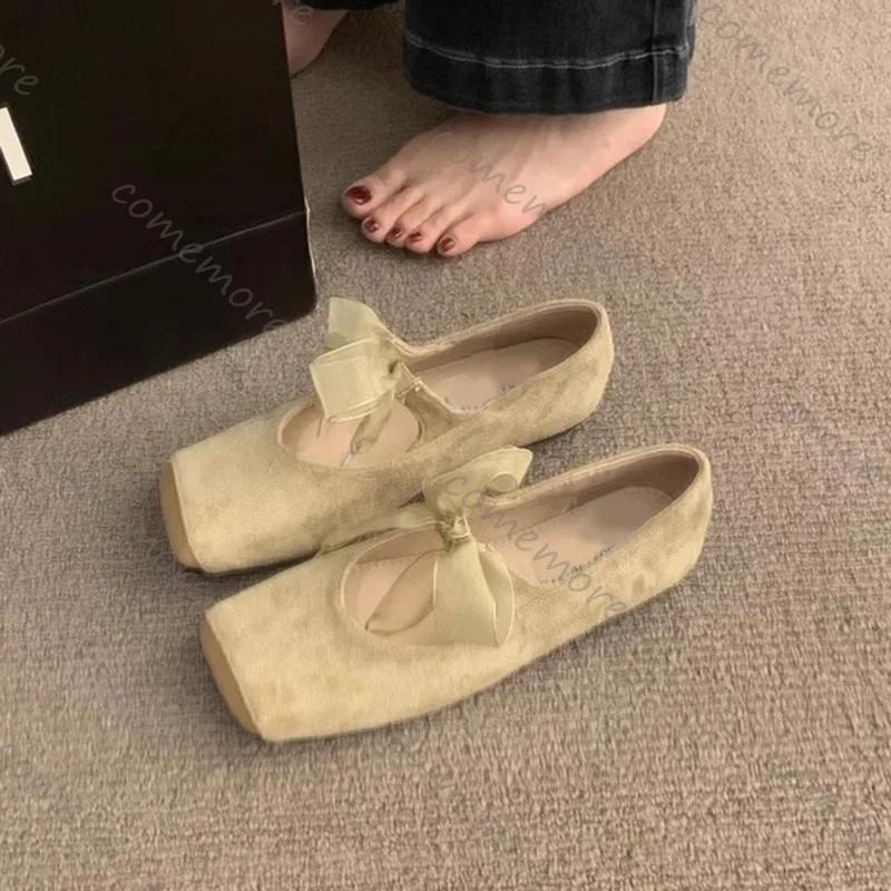 Fashion Comemore French Retro Style Ballet Single Shoes Women Square Head Soft Bottom Mary Jane Shoes Solid Color Lace Up Casual Flats