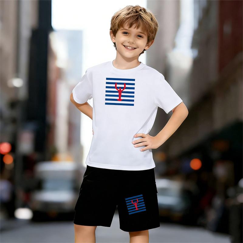 

Boys 2 Piece Lobster pattern print Outfit, Short Sleeve T-Shirt and Shorts Set for Kids Age 5-14, Black and White Sporty Casual Summer Clothes 13-14 Years білий