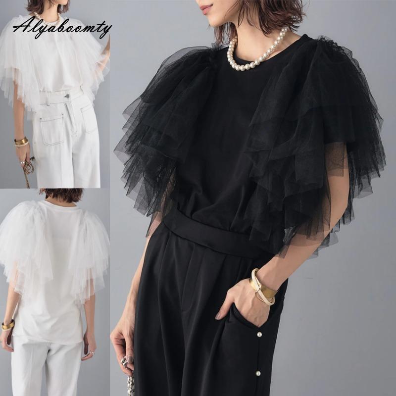 Koreanischer Stil Sommer Damenmode Top Kurz O-Ausschnitt Weiß Schwarz Lagenrüschen Mesh T-Shirt Kurzarm Stilvolles Damen-Tee