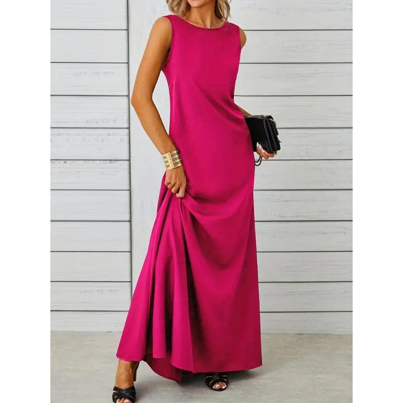 Spring and Summer Elegant and Pure-colored Round-neck Short-sleeved Resort-style Women's Dresses