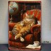 Vintage Cat in Armchair Metal Wall Art, 8x12in Rustic Iron Hanging Decor