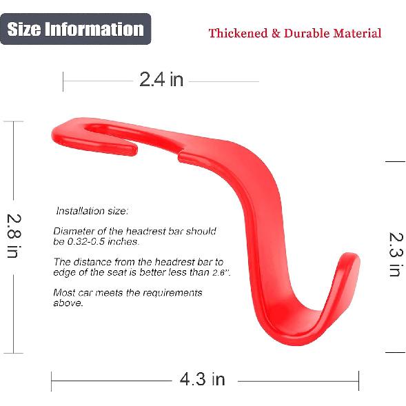 Amooca Car Seat Headrest Hook 4 Pack Hanger Storage Organizer Universal For Handbag Purse Coat Universal Fit Vehicle Car S Type Red