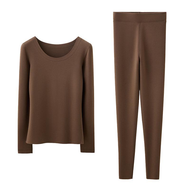 

Tangge Women s Cashmere Thermal Underwear Set: Double-Faced Fleece, Thick Round Neck Top & Bottom for Autumn L