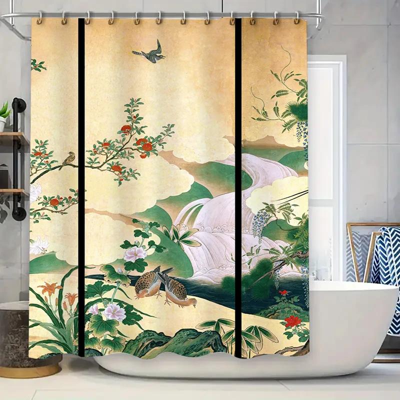 

Asian-Themed Bathroom Curtains Featuring A Beautiful Nature Scene With Birds And Flowers Ideal For Creating An Elegant Spa-Like W60H190(CM)-1 Pcs