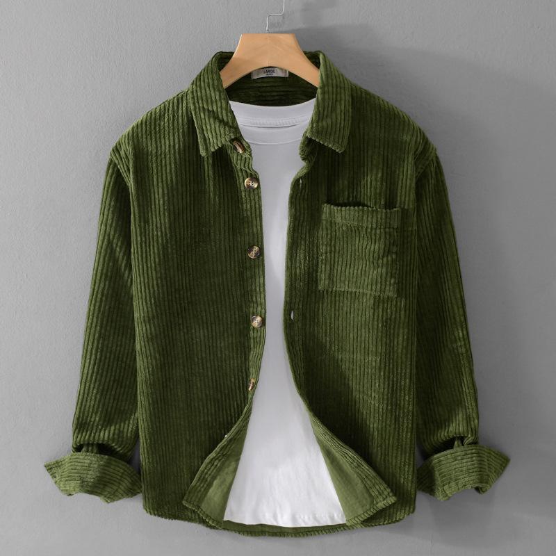 Men's Corduroy Casual Button Down Shirt with Chest Pocket, Retro Loose Fit Long Sleeve Shirt