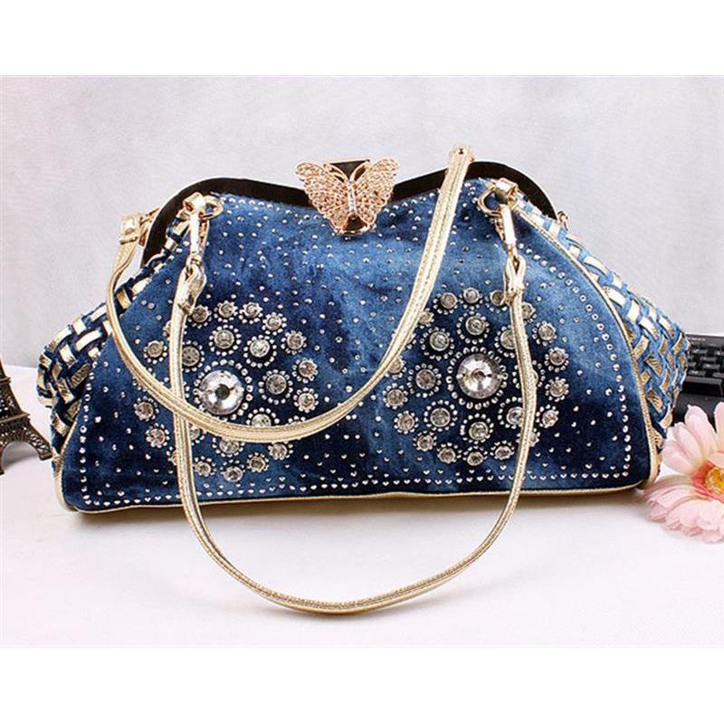 Сумка Женская Алмазная Джинсовая Сумка Плетеная Сумка-Зажим Женская Модная Сумка Через Плечо Сумка На Плечо Сумка синий