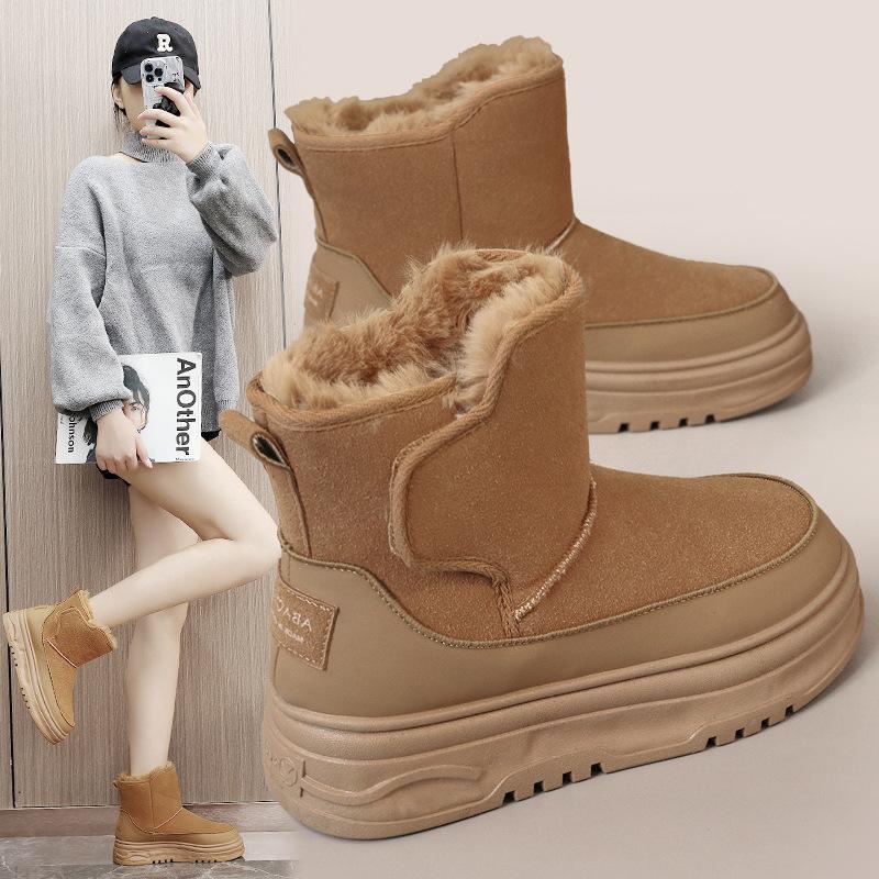 High-top shoes new autumn and winter cotton shoes casual velvet solid color fluffy snow boots cotton shoes thick sole