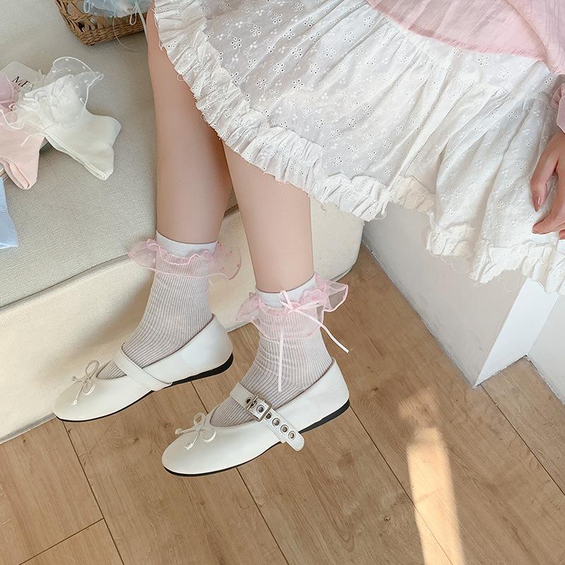 Ladies Summer Thin Lovely Polka Dot Mesh Bow Boneless Tube Pile Socks