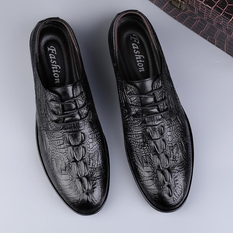 Genuine Leather Mens Casual Shoes Cowhide Business Male Footwear Comfortable Formal Dress Footwear Crocodile Pattern Derby Shoes