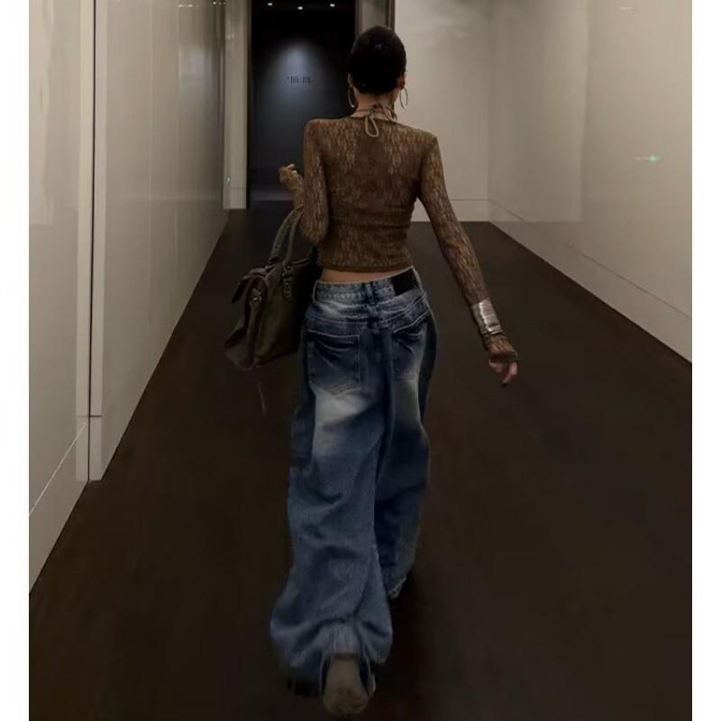 High-Waisted Distressed Washed Denim Pants Women Loose Cropped Streetwear Jeans Hip Hop Jazz Dance