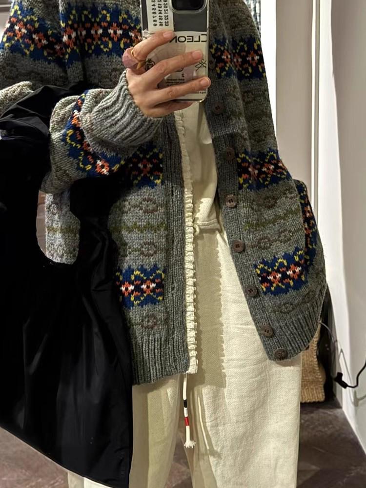 Korean Retro Color Block Fair Isle Cardigan - Soft, Cozy Knit for Autumn/Winter