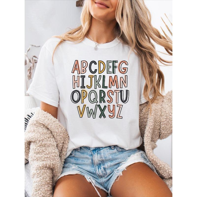 Small Language Spanish Alphabet Print Spring and Summer Casual T-Shirt Round Neck Short-Sleeved Sports T-Shirt Women'S Top
