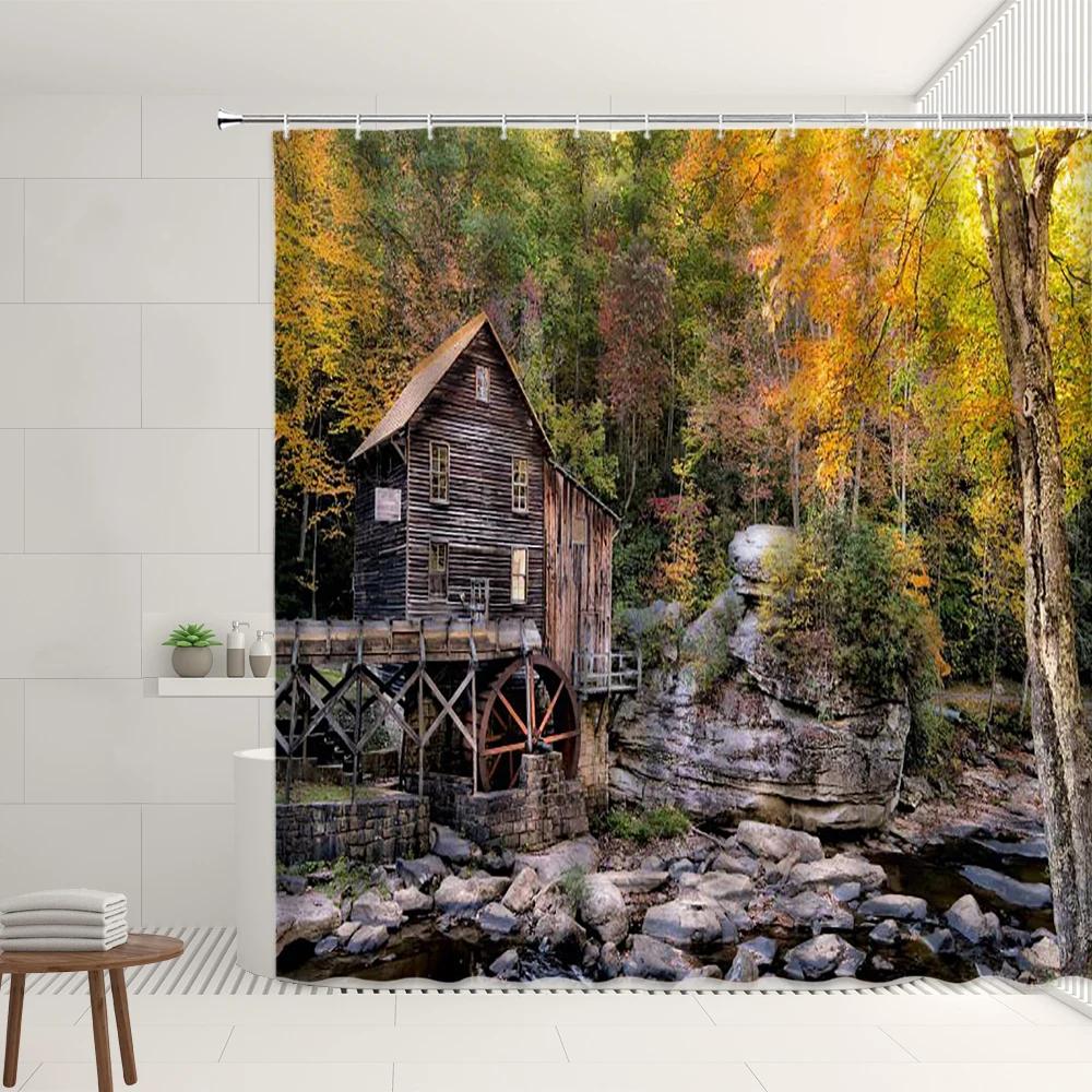 Farm Scenery Shower Curtain Old Retro Farmhouse Green Bamboo Forest Tree Autumn View Garden Decor Wall Covering Bathroom Screens