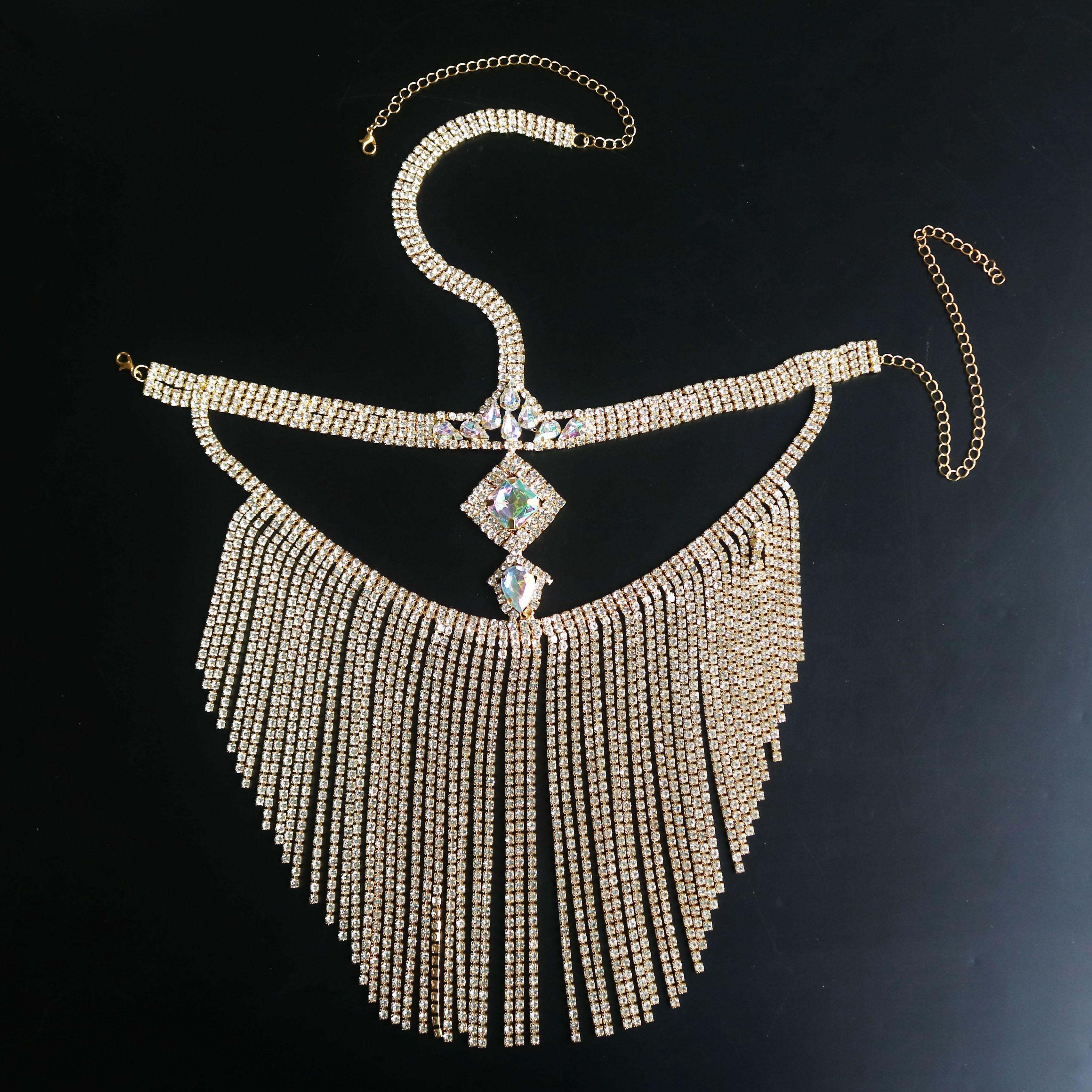 Women s Tassel Veil Bling Mask Rhinestone Chain Headwear Masquerade Dance Party Costume Accessory Sexy Face Curtain Jewelry Gold-color