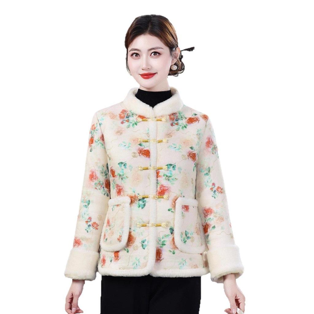 Winter Retro Chinese-Style Jacket with Frog Buttons - Warm, Thick, Plus-Size Velvet Cotton for Mothers