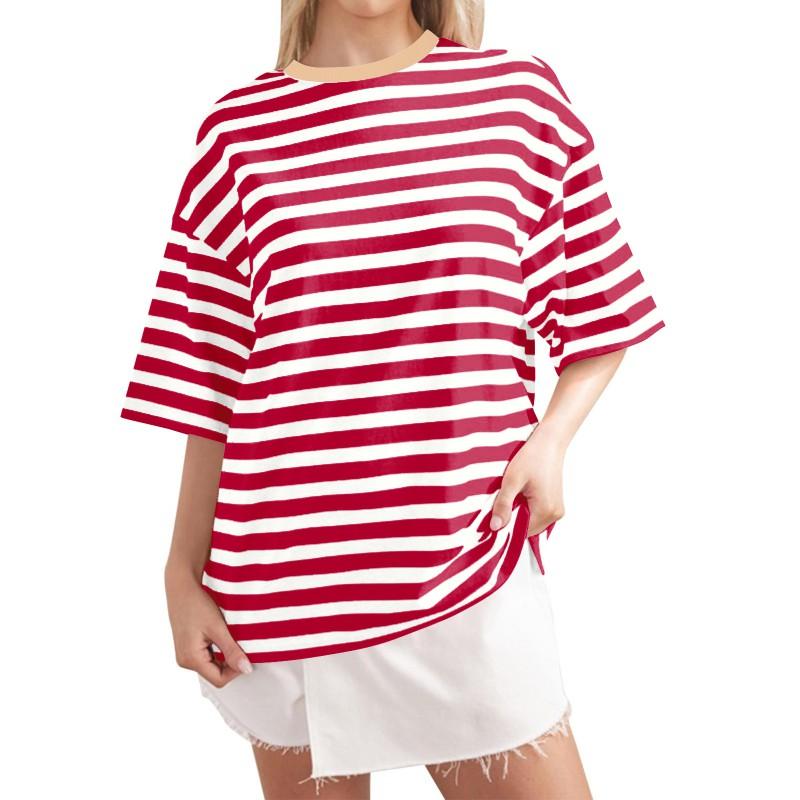 Casual Striped Round Neck Short Sleeve T-Shirt Women Men Comfortable Milk Silk Blend Loose Fit Home Wear