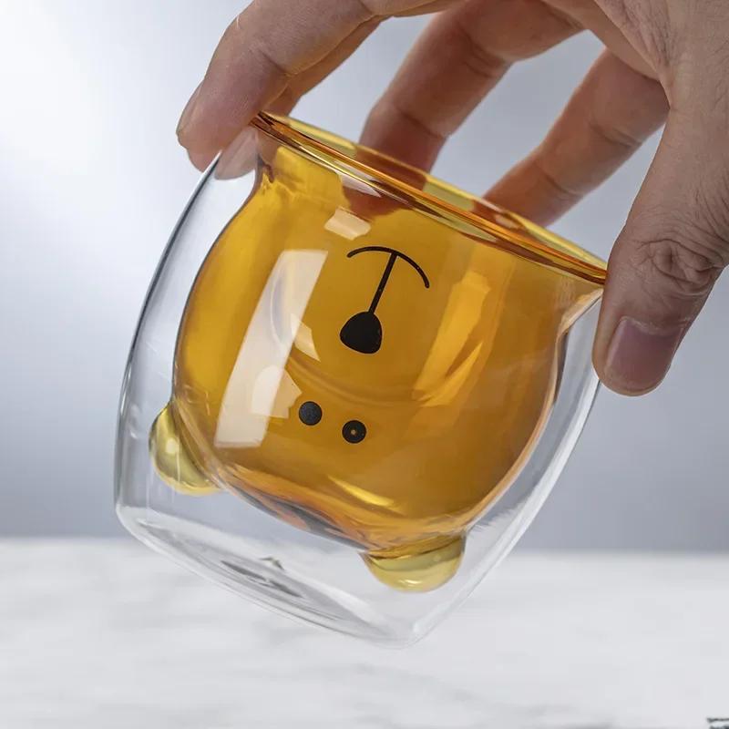 Kreativní roztomilý medvěd Dvouvrstvý hrnek na kávu Dvojitý skleněný kelímek Karton Zvířecí mléko Sklenice Lady Roztomilá kočka Kachna Psík Dárek k Vánocům