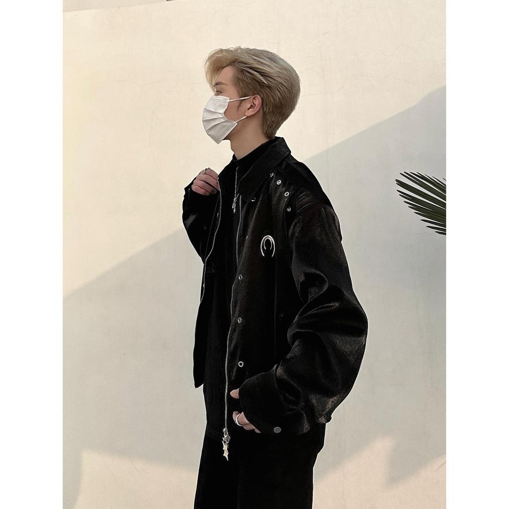 Men's High-End American Retro Liquid Metal Shoulder Pad Jacket