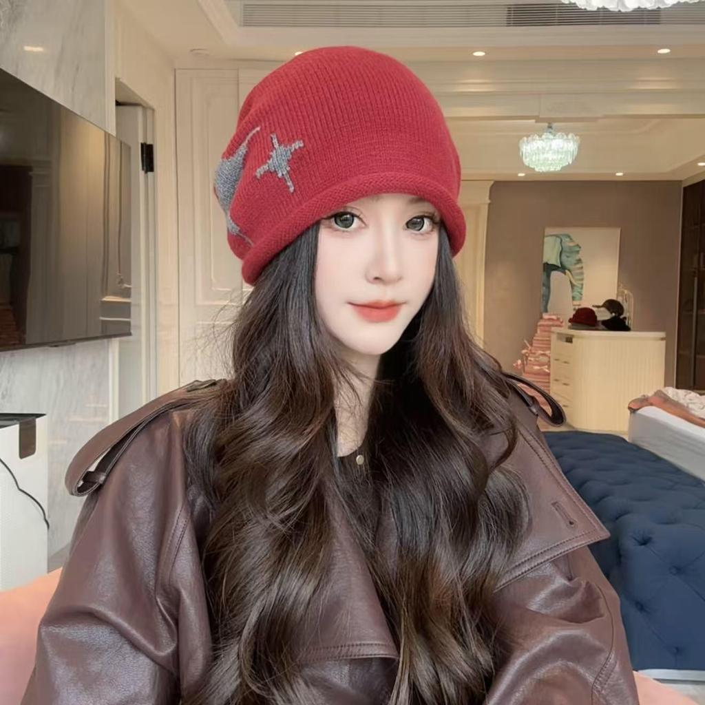 Stacking hat 2025 new crimping drawstring showing face small knitted autumn and winter warm ear protection hat women's cold hat Baotou hat