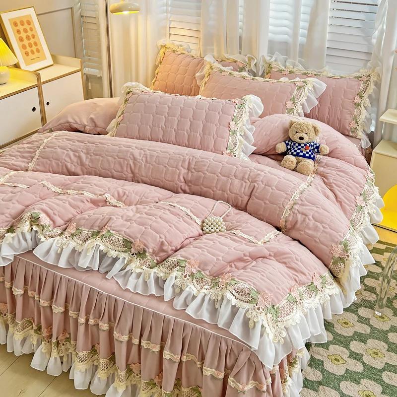 Pink Korean Princess Style Bedding Set Flowers Lace Ruffles Embroidery Quilted Thick Duvet Cover Bedspread Bed Skirt Pillowcases
