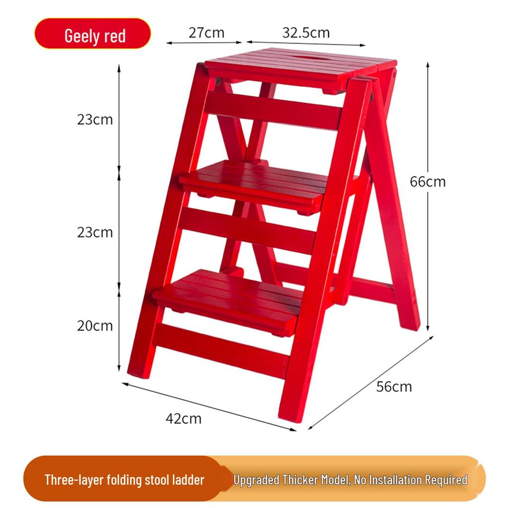 Solid Wood Foldable Ladder with Non-Slip Steps - Multi-Functional, Portable, Stackable, and Ideal for Household Climbing and Storage.