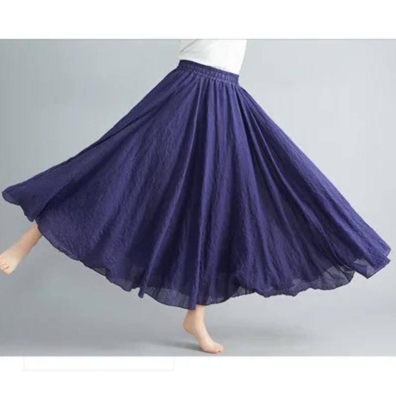 Color Mori Girl Literary Cotton Linen Dress Elastic Waist A-line Expansion Skirt Solid Color Ethnic Style Women Long Skirts
