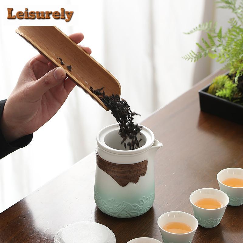 Teapot And Tea Cup Set Kit  Tea Making Travel Tea Set Outdoor Portable Bag Chinese Sea Wave Tea Set Supplies 1 Bowl 4 Cups Gifts