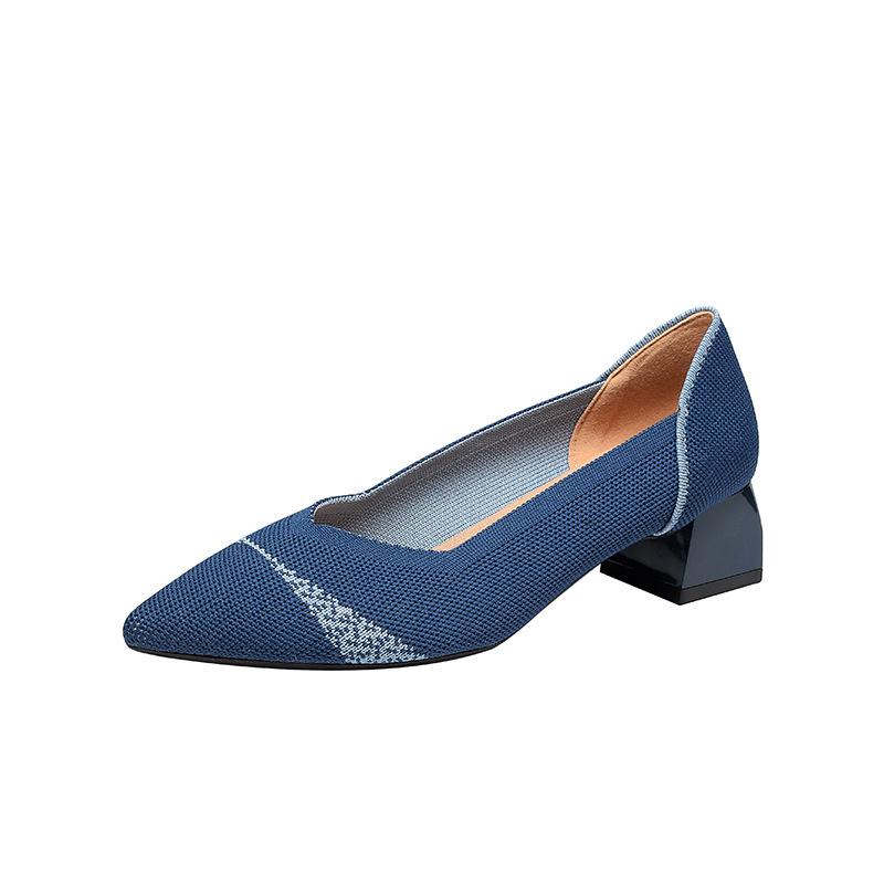 

Новые толстые каблуки, соответствующие цвету, заостренные плетеные женские туфли, удобные легкие удобные повседневные универсальные одинарные туфли, летающие плетеные женские туфли 40 синий