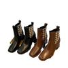 Fleece square head short boots women's winter new splicing women's leather boots mid-heel side zipper women's boots